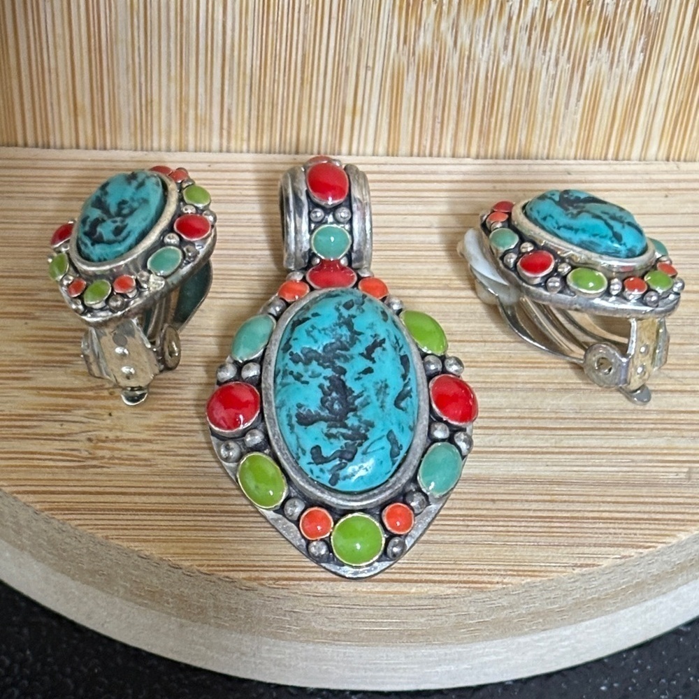 MX Turquoise and Red Stone Pendant Earrings Jewelry Set Native American